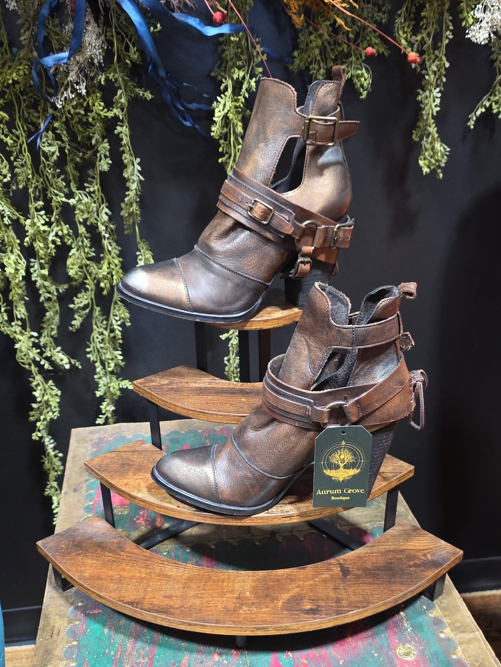 Women's Distressed Brown Leather Strappy Ankle Heeled Boots